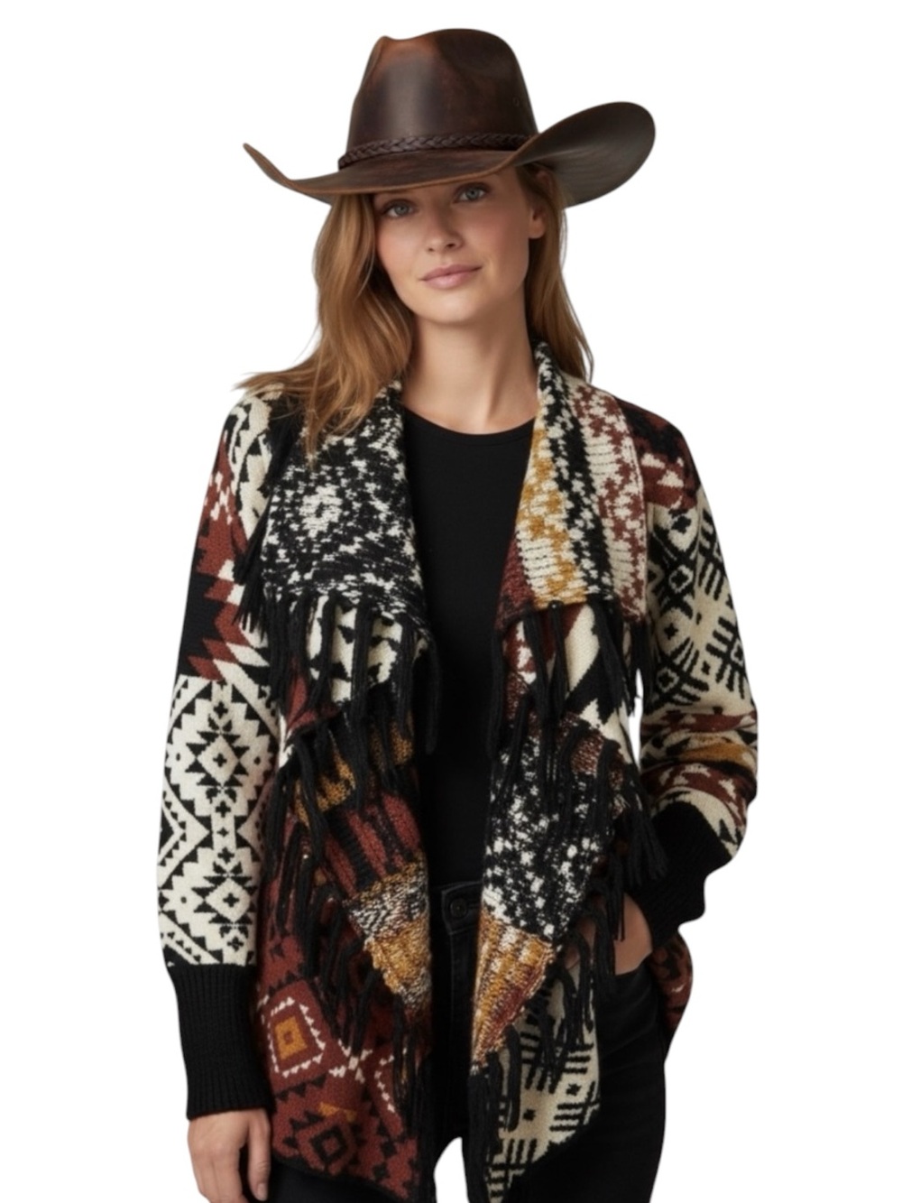 Idyllwind Southwestern Aztec Tribal Fringe Cardigan in Black, Cream, Rust M